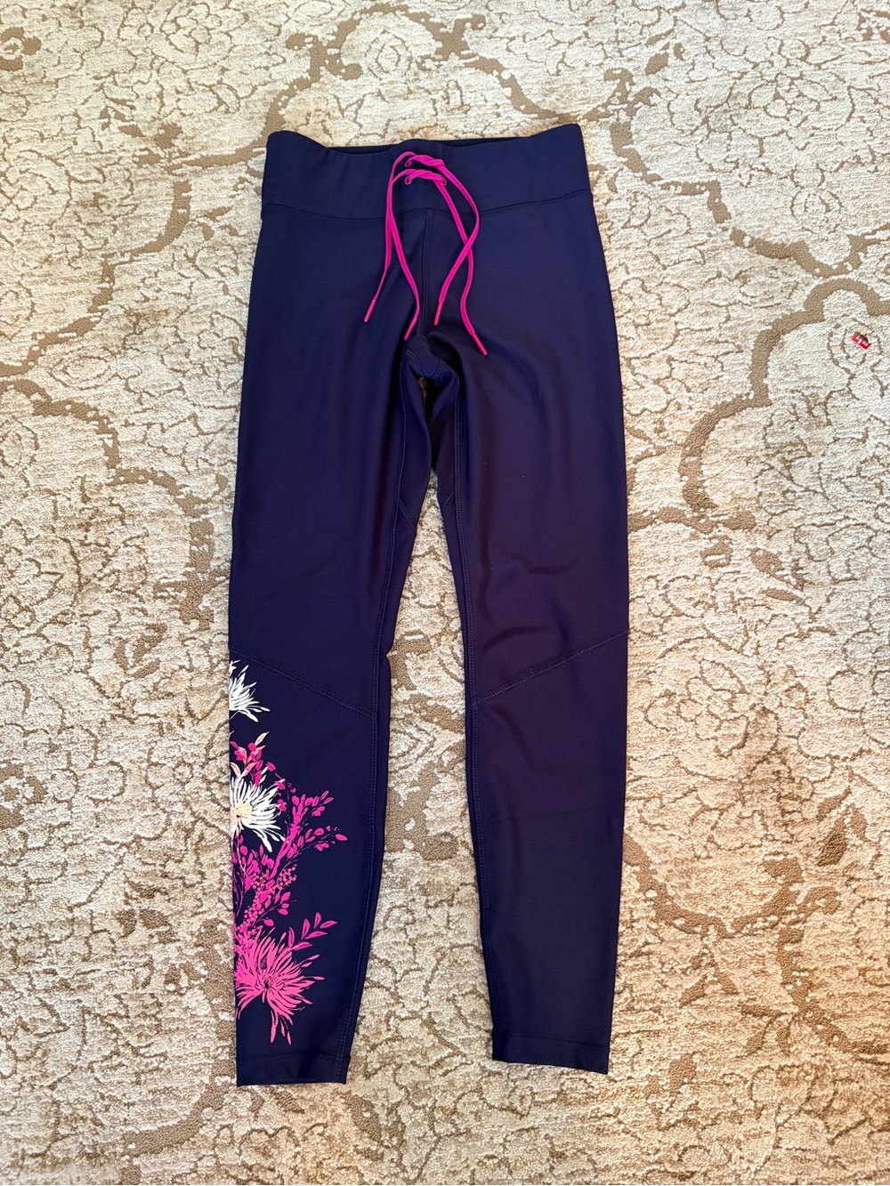 Navy Leggings with Pink Floral Accent and Drawstring